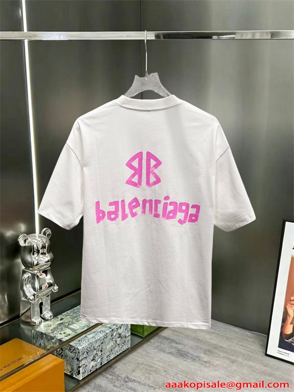 白Tシャツ 半袖 バレンシアガ コピー ピンク 手描き風 Balenciaga シンプル ストリート グラフィティ風