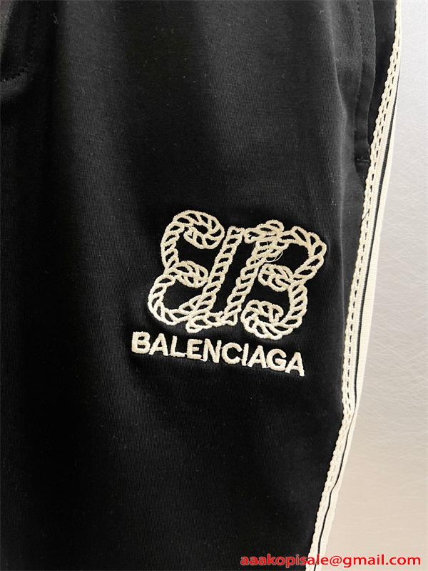 ハーフパンツ バレンシアガ コピー メンズ ショートパンツ サイドライン ロゴ刺繍 ウエストゴム ドローストリング スポーツ カジュアル ストリート 夏 春 ブラック 快適 薄手 涼感 ワンマイル おしゃれ Balenciaga