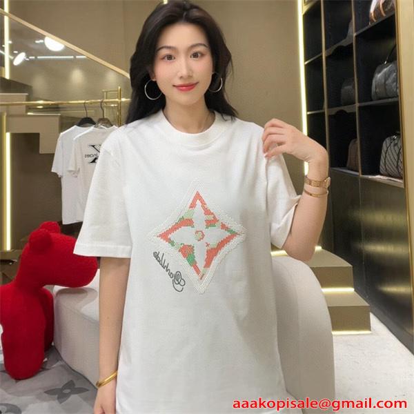 半袖Tシャツ ホワイト ルイヴィトン コピー クルーネック モノグラムフラワー風フロントデザイン ドット調ロゴ Louis Vuitton