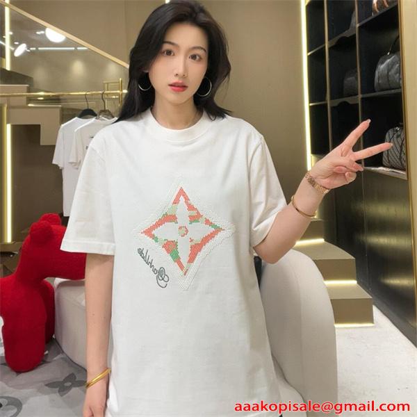 半袖Tシャツ ホワイト ルイヴィトン コピー クルーネック モノグラムフラワー風フロントデザイン ドット調ロゴ Louis Vuitton