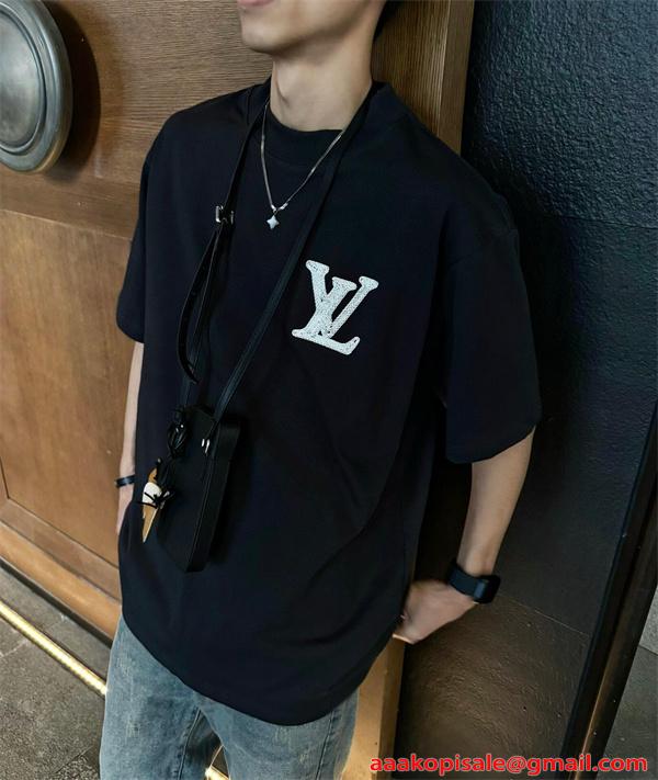 バックロゴ 半袖Tシャツ ルイヴィトン コピー ブラック オーバーサイズ LVモチーフ フラワー グラフィック Louis Vuitton