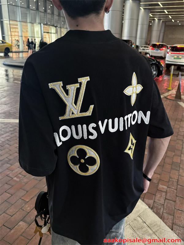 バックロゴ 半袖Tシャツ ルイヴィトン コピー ブラック オーバーサイズ LVモチーフ フラワー グラフィック Louis Vuitton