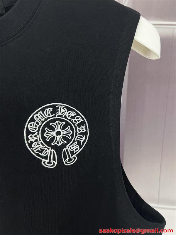 タンクトップ 激安 クロムハーツ コピー ブラック 刺繍デザイン クロスモチーフ ノースリーブ カジュアル CHROME HEARTS ストリート ゆったり シルエット 快適 夏 メンズ 