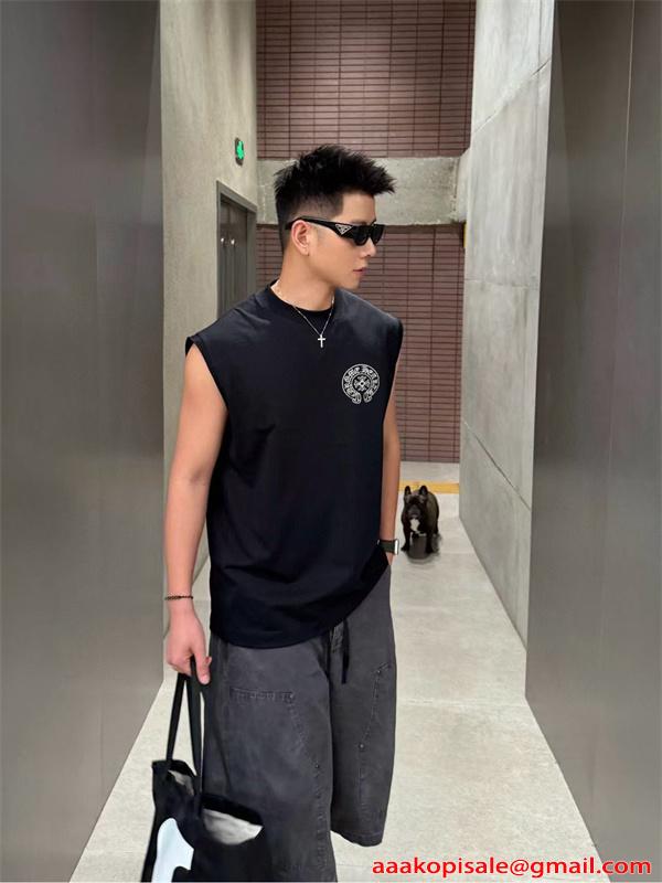 タンクトップ 激安 クロムハーツ コピー ブラック 刺繍デザイン クロスモチーフ ノースリーブ カジュアル CHROME HEARTS ストリート ゆったり シルエット 快適 夏 メンズ 