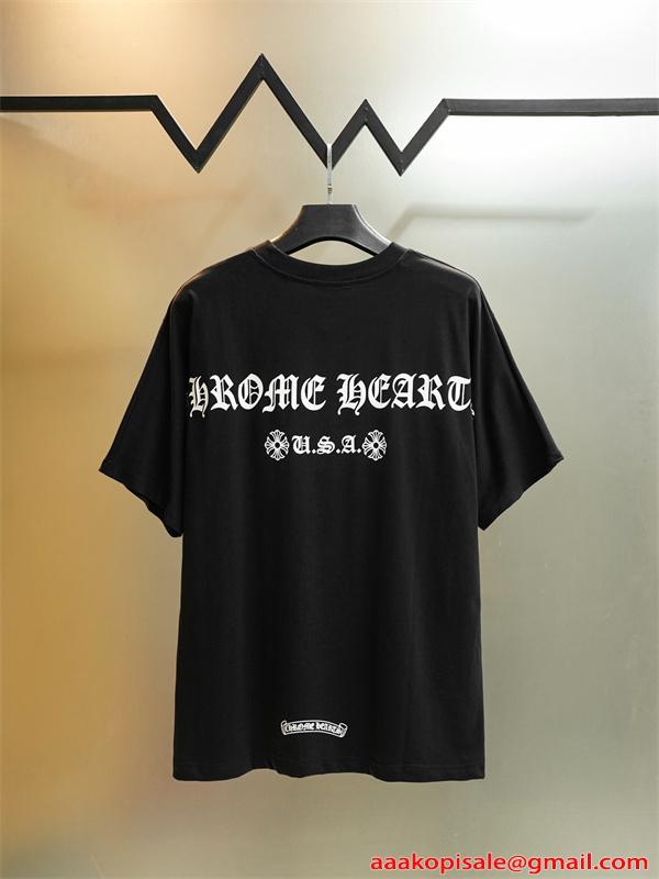 半袖Tシャツ 激安 クロムハーツ コピー ブラック ロゴプリント コットン素材 クルーネック ルーズフィット CHROME HEARTS 通気性 軽量 柔らかい ストリート 夏 