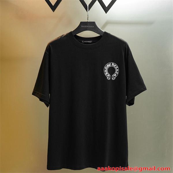  半袖Tシャツ 激安 クロムハーツ コピー ブラック ロゴプリント コットン素材 クルーネック ルーズフィット CHROME HEARTS 通気性 軽量 柔らかい ストリート 夏 
