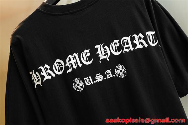  半袖Tシャツ 激安 クロムハーツ コピー ブラック ロゴプリント コットン素材 クルーネック ルーズフィット CHROME HEARTS 通気性 軽量 柔らかい ストリート 夏 
