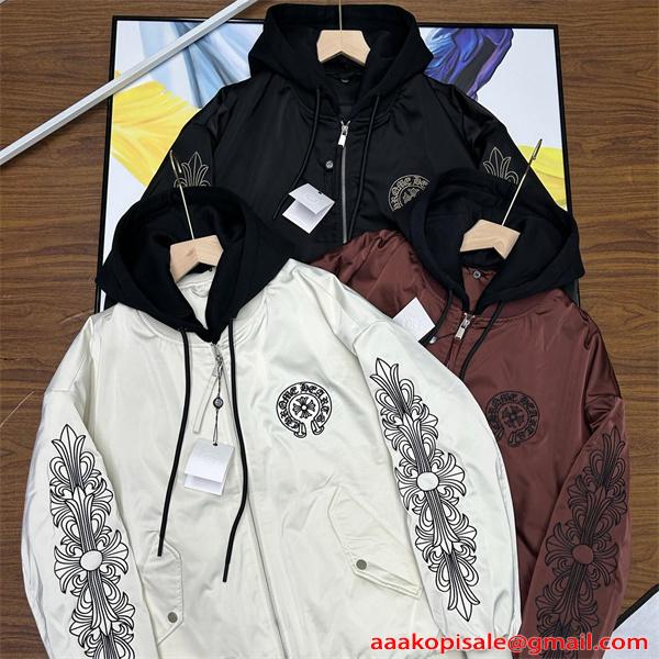 クロムハーツ コピー ブルゾン アウター メンズ クロス柄刺繍スリーブ ロゴワッペン ジップジャケット ゆったりシルエット スポーツミックス Chrome Hearts