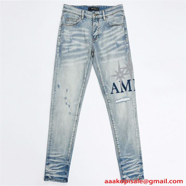 アミリ AMIRI コピー デニムパンツ メンズ スリムジーンズ ダメージ加工 ウォッシュ加工 ロゴプリント ストレッチ ストリート系