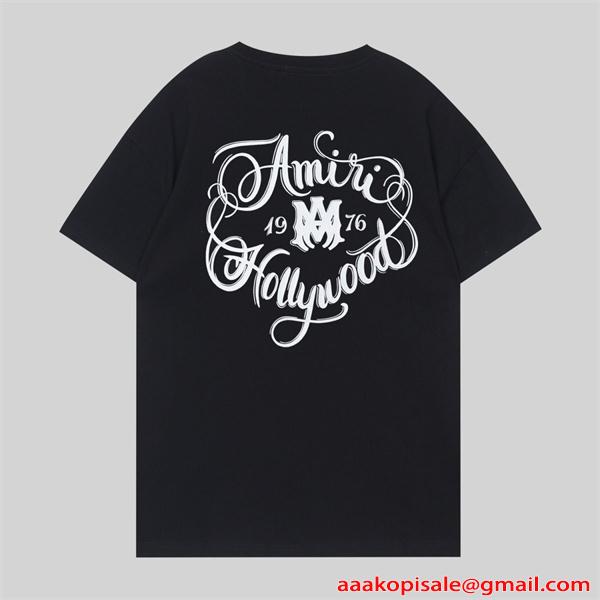 アミリ AMIRI コピー Tシャツ メンズ ワンポイントロゴ 刺繍風プリント 半袖 クルーネック ブラック ミニロゴ シンプル ストリート