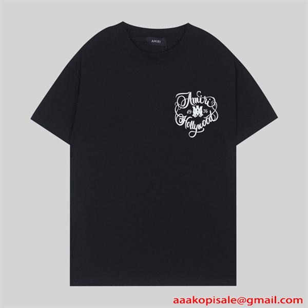 アミリ AMIRI コピー Tシャツ メンズ ワンポイントロゴ 刺繍風プリント 半袖 クルーネック ブラック ミニロゴ シンプル ストリート