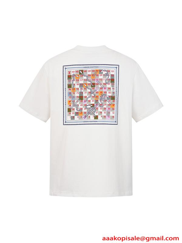 ボードゲーム風 プリント コットン 半袖Tシャツ バックデザイン 上質素材 ルーズフィット メンズ レディース ルイヴィトン コピー Louis Vuitton