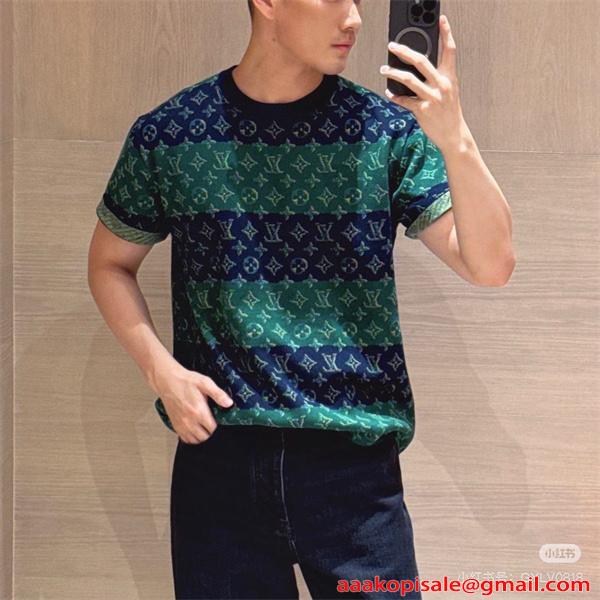 ボーダー 切替 モノグラム ジャガード 半袖ニットTシャツ 上質素材 厚手 高級感 ルーズフィット メンズ レディース ルイヴィトン コピー Louis Vuitton