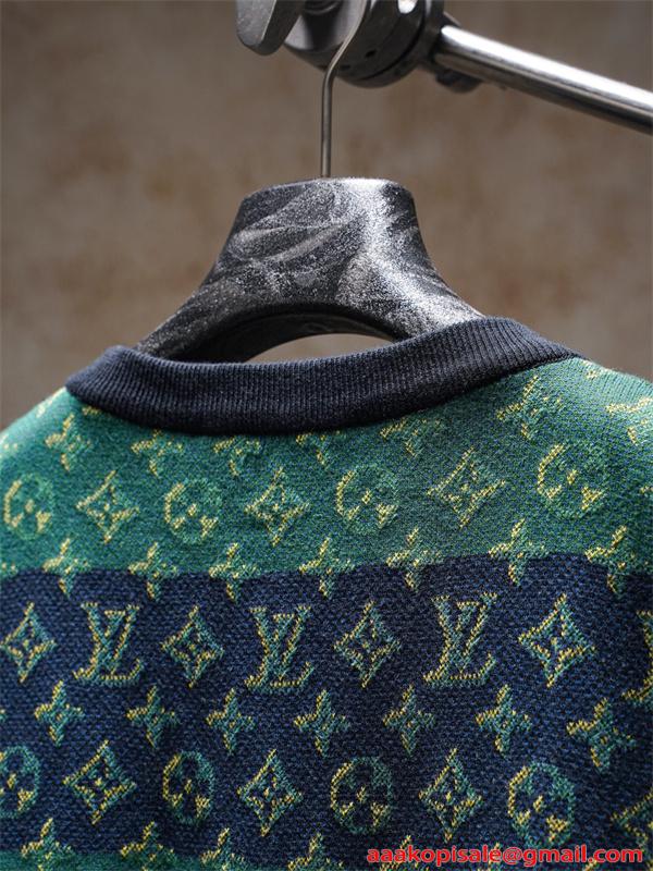 ボーダー 切替 モノグラム ジャガード 半袖ニットTシャツ 上質素材 厚手 高級感 ルーズフィット メンズ レディース ルイヴィトン コピー Louis Vuitton