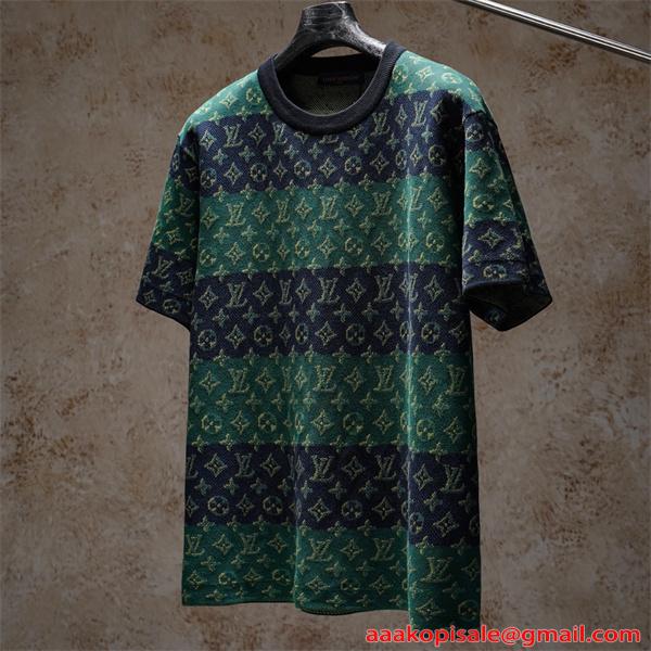 ボーダー 切替 モノグラム ジャガード 半袖ニットTシャツ 上質素材 厚手 高級感 ルーズフィット メンズ レディース ルイヴィトン コピー Louis Vuitton