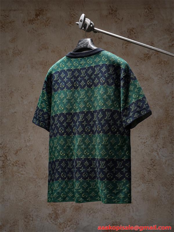 ボーダー 切替 モノグラム ジャガード 半袖ニットTシャツ 上質素材 厚手 高級感 ルーズフィット メンズ レディース ルイヴィトン コピー Louis Vuitton