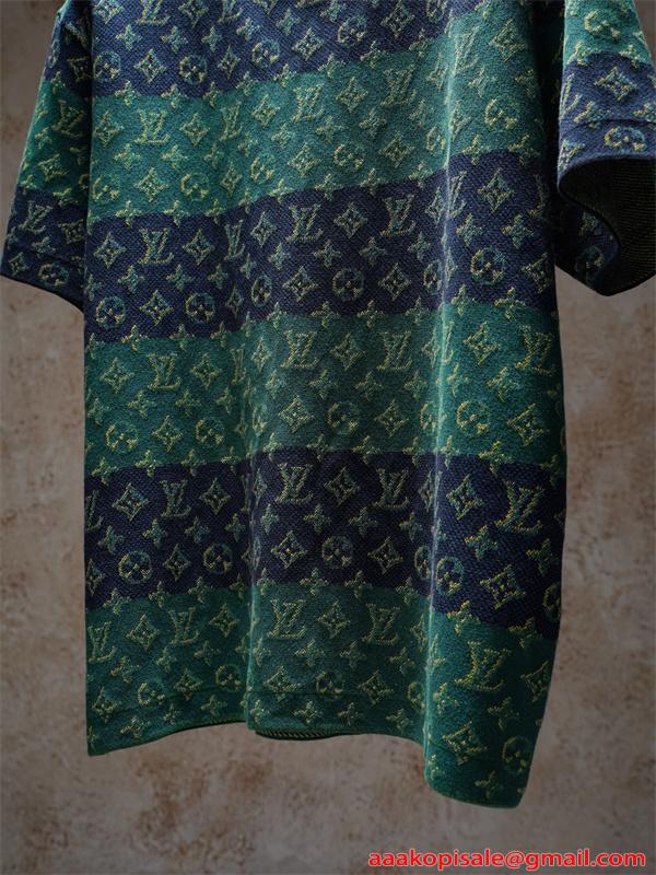 ボーダー 切替 モノグラム ジャガード 半袖ニットTシャツ 上質素材 厚手 高級感 ルーズフィット メンズ レディース ルイヴィトン コピー Louis Vuitton