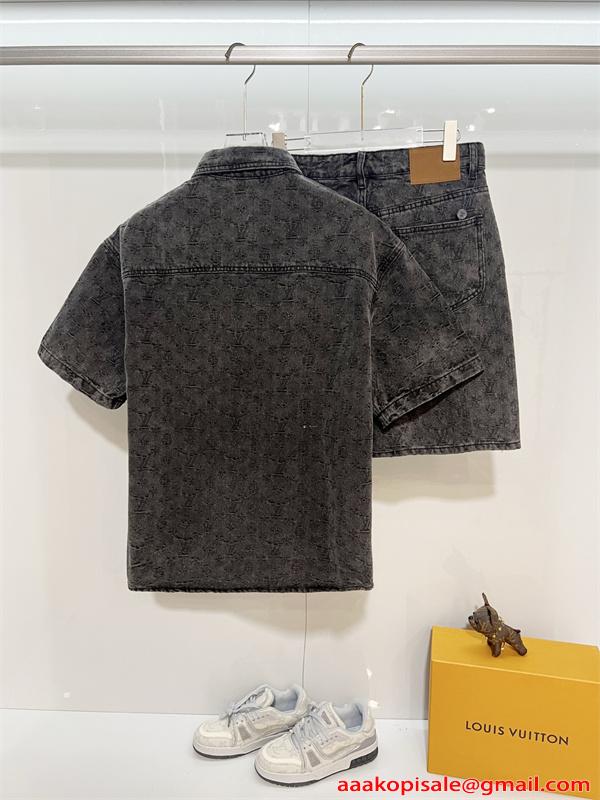 ルイヴィトン コピー デニムセットアップ 半袖シャツ ハーフパンツ モノグラムエンボスウォッシュ加工 上質素材 ルーズフィット メンズ Louis Vuitton