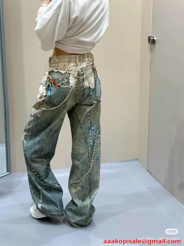 激安 デニムパンツ レディース ワイドパンツ ヴィンテージ加工 プリントデザイン ストレートシルエット アクネストゥディオズ コピー Acne Studios