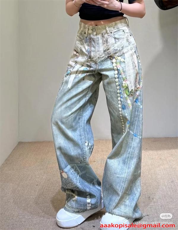 激安 デニムパンツ レディース ワイドパンツ ヴィンテージ加工 プリントデザイン ストレートシルエット アクネストゥディオズ コピー Acne Studios