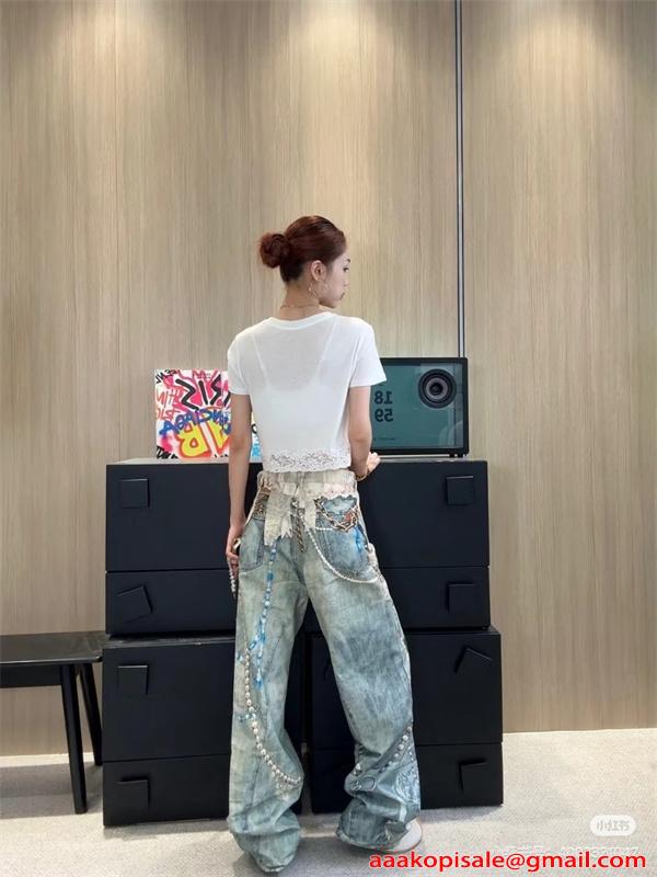 激安 デニムパンツ レディース ワイドパンツ ヴィンテージ加工 プリントデザイン ストレートシルエット アクネストゥディオズ コピー Acne Studios