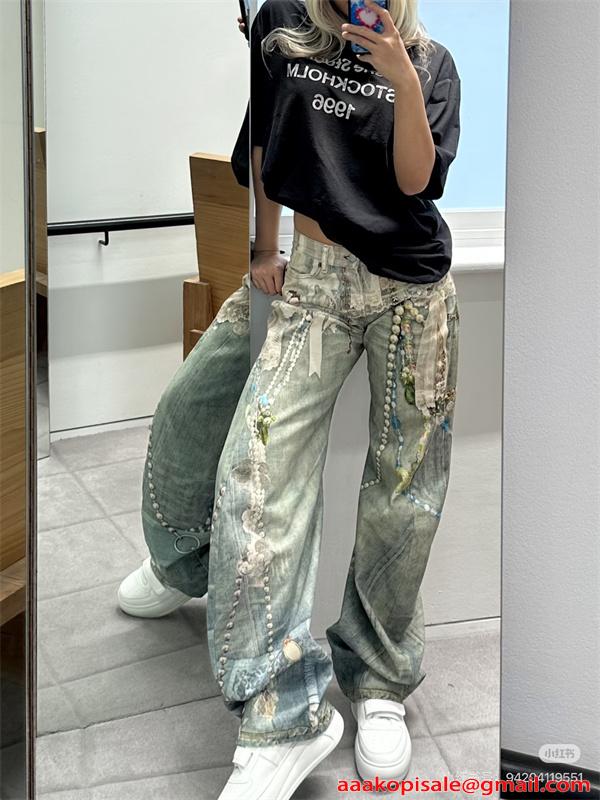 激安 デニムパンツ レディース ワイドパンツ ヴィンテージ加工 プリントデザイン ストレートシルエット アクネストゥディオズ コピー Acne Studios