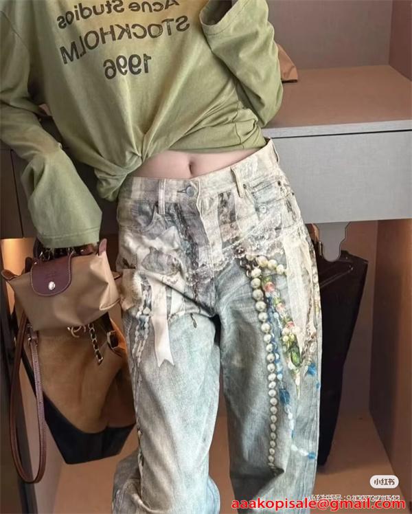 激安 デニムパンツ レディース ワイドパンツ ヴィンテージ加工 プリントデザイン ストレートシルエット アクネストゥディオズ コピー Acne Studios