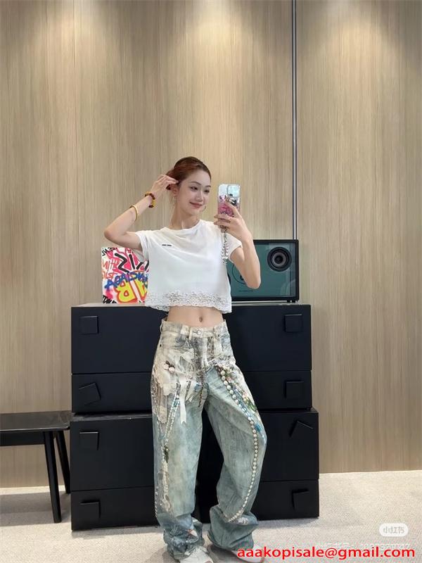 激安 デニムパンツ レディース ワイドパンツ ヴィンテージ加工 プリントデザイン ストレートシルエット アクネストゥディオズ コピー Acne Studios
