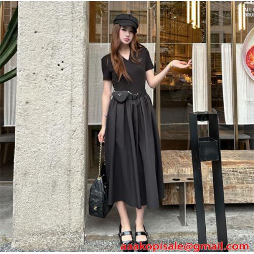 プラダPRADA ピンタックワンピース 40グレー　海外旅行　コットンワンピース PRADAプラダワンピースコピー【2026新作】カジュアル ゆったり