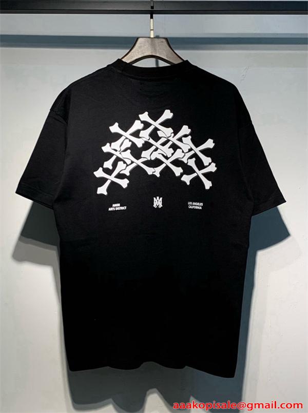 アミリ AMIRI コピー BONES STACKED Tシャツ メンズ 半袖 骨プリント ストリート ブラック ロゴT オーバーサイズ