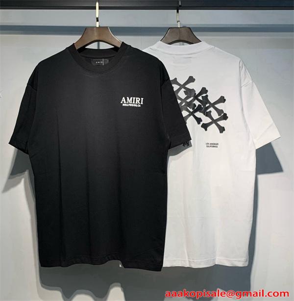 アミリ AMIRI コピー BONES STACKED Tシャツ メンズ 半袖 骨プリント ストリート ブラック ロゴT オーバーサイズ