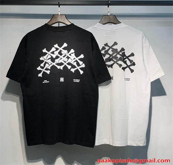 アミリ AMIRI コピー BONES STACKED Tシャツ メンズ 半袖 骨プリント ストリート ブラック ロゴT オーバーサイズ