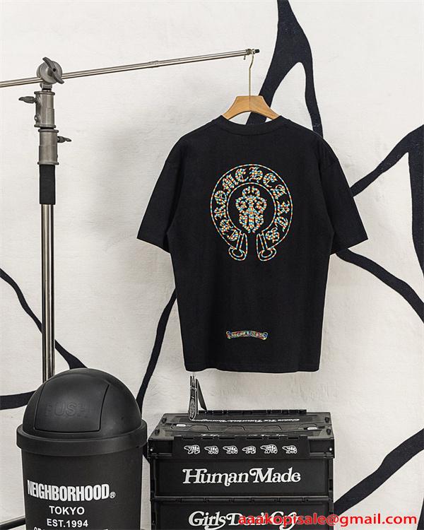 半袖Tシャツ Chrome Hearts コピー メンズ レディース 刺繍クロス バックプリント 大判ロゴ カラフル刺繍 綿素材 通気性 クルーネック オーバーサイズ ゆったり ストリート系 韓国ファッション ユニセックス 夏新作 人気 クロムハーツ