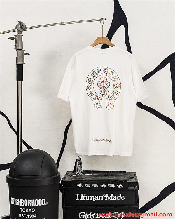 半袖Tシャツ Chrome Hearts コピー メンズ レディース 刺繍クロス バックプリント 大判ロゴ カラフル刺繍 綿素材 通気性 クルーネック オーバーサイズ ゆったり ストリート系 韓国ファッション ユニセックス 夏新作 人気 クロムハーツ