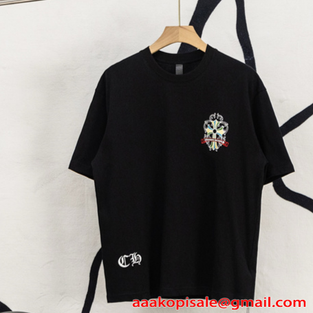 激安 半袖トップス レザークロス クロムハーツ コピー Chrome Hearts 切替Tシャツ バックロゴ ビッグシルエット 快適コットン カジュアル ストリート 韓国風 男女兼用 おしゃれ 