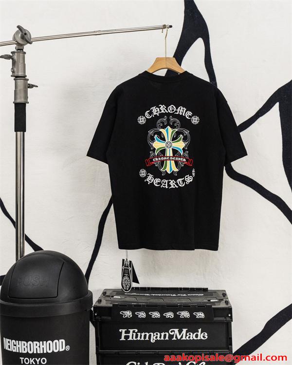 激安 半袖トップス レザークロス クロムハーツ コピー Chrome Hearts 切替Tシャツ バックロゴ ビッグシルエット 快適コットン カジュアル ストリート 韓国風 男女兼用 おしゃれ 