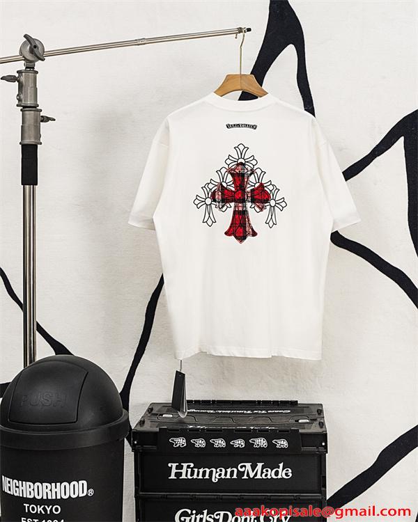 半袖Tシャツ ホワイト レッド 刺繍クロス チェック柄刺繍 バックプリント ワンポイントロゴ 金属風装飾 綿素材 通気性 クルーネック オーバーサイズ ストリート ユニセックス 夏人気 クロムハーツ コピー Chrome Hearts