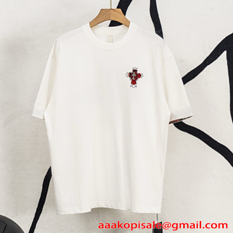 半袖Tシャツ ホワイト レッド 刺繍クロス チェック柄刺繍 バックプリント ワンポイントロゴ 金属風装飾 綿素材 通気性 クルーネック オーバーサイズ ストリート ユニセックス 夏人気 クロムハーツ コピー Chrome Hearts