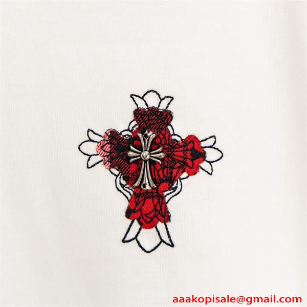 半袖Tシャツ ホワイト レッド 刺繍クロス チェック柄刺繍 バックプリント ワンポイントロゴ 金属風装飾 綿素材 通気性 クルーネック オーバーサイズ ストリート ユニセックス 夏人気 クロムハーツ コピー Chrome Hearts