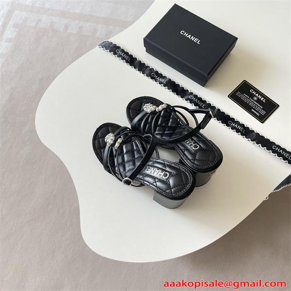  サンダル レディース シャネル コピー CHANELミュール チャンキーヒール ブラック ホワイト ベージュ ゴールド フラワービジュー ストラップサンダル スクエアトゥ 太ヒール 安定感 美脚 夏人気 