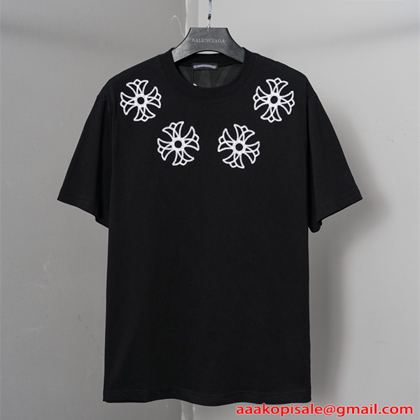 激安 刺繍Tシャツ クロムハーツ コピー CHROME HEARTS  クロス刺繍 ブラック ホワイト 半袖 ビッグシルエット ストリート系 ユニセックス フラワークロス バックデザイン 高見え 夏コーデ 