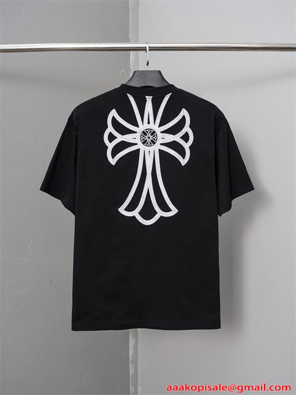 激安 刺繍Tシャツ クロムハーツ コピー CHROME HEARTS  クロス刺繍 ブラック ホワイト 半袖 ビッグシルエット ストリート系 ユニセックス フラワークロス バックデザイン 高見え 夏コーデ 