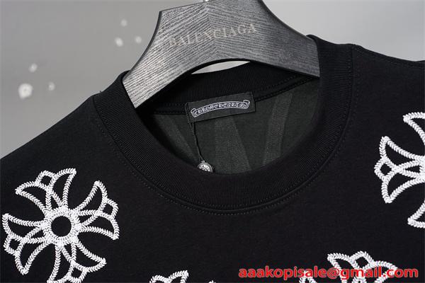 激安 刺繍Tシャツ クロムハーツ コピー CHROME HEARTS  クロス刺繍 ブラック ホワイト 半袖 ビッグシルエット ストリート系 ユニセックス フラワークロス バックデザイン 高見え 夏コーデ 