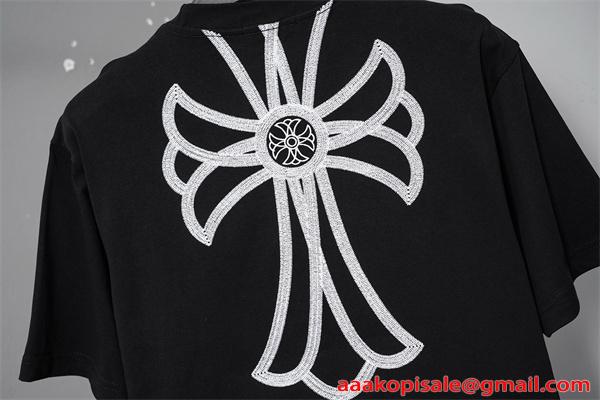 激安 刺繍Tシャツ クロムハーツ コピー CHROME HEARTS  クロス刺繍 ブラック ホワイト 半袖 ビッグシルエット ストリート系 ユニセックス フラワークロス バックデザイン 高見え 夏コーデ 