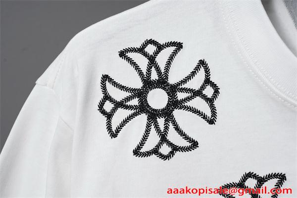 激安 刺繍Tシャツ クロムハーツ コピー CHROME HEARTS  クロス刺繍 ブラック ホワイト 半袖 ビッグシルエット ストリート系 ユニセックス フラワークロス バックデザイン 高見え 夏コーデ 