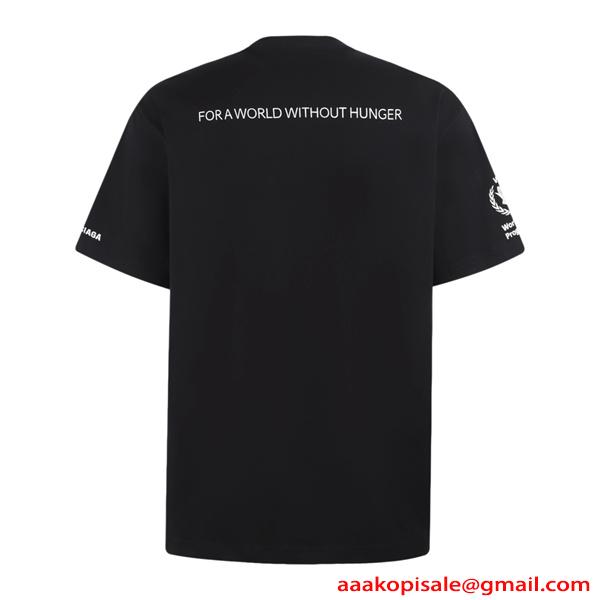   激安 メンズ Tシャツ ブラック 半袖 ロゴプリント WFP World Food Programme コラボ クルーネック カジュアル ストリート 夏人気 バレンシアガ コピー BALENCIAGA
