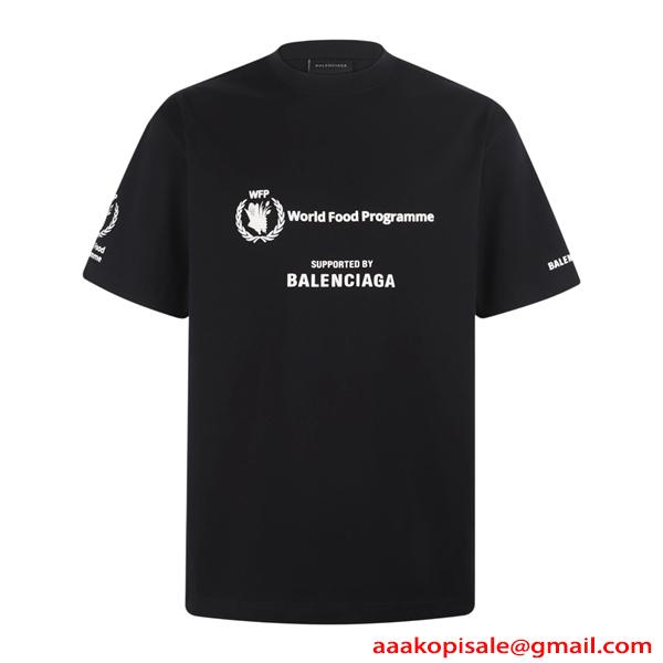  激安 メンズ Tシャツ ブラック 半袖 ロゴプリント WFP World Food Programme コラボ クルーネック カジュアル ストリート 夏人気 バレンシアガ コピー BALENCIAGA