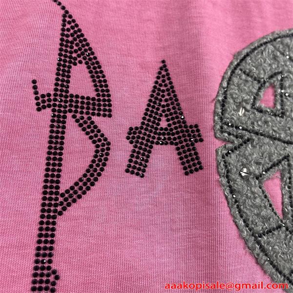  ブラック ピンク パープル 半袖 刺繍 毛圈ワッペン スタッズ装飾 ラインストーンロゴ クルーネック ストリート カジュアル 夏人気 バレンシアガ コピー BALENCIAGA