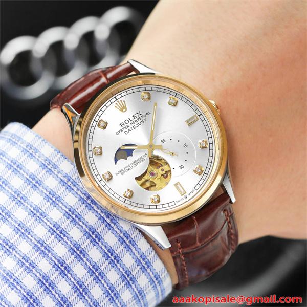 腕時計 メンズ ロレックス コピー ROLEX グリーン ブラック ゴールド ホワイト ブルー 自動巻き 機械式 スケルトン ムーンフェイズ風 レザーベルト 高級感  