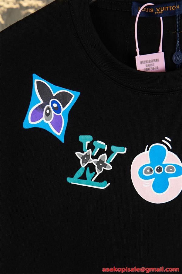  グラフィックロゴ ルイヴィトン コピー Louis Vuitton 半袖Tシャツ メンズ レディース カラフルプリント キャラクター調 クルーネック 